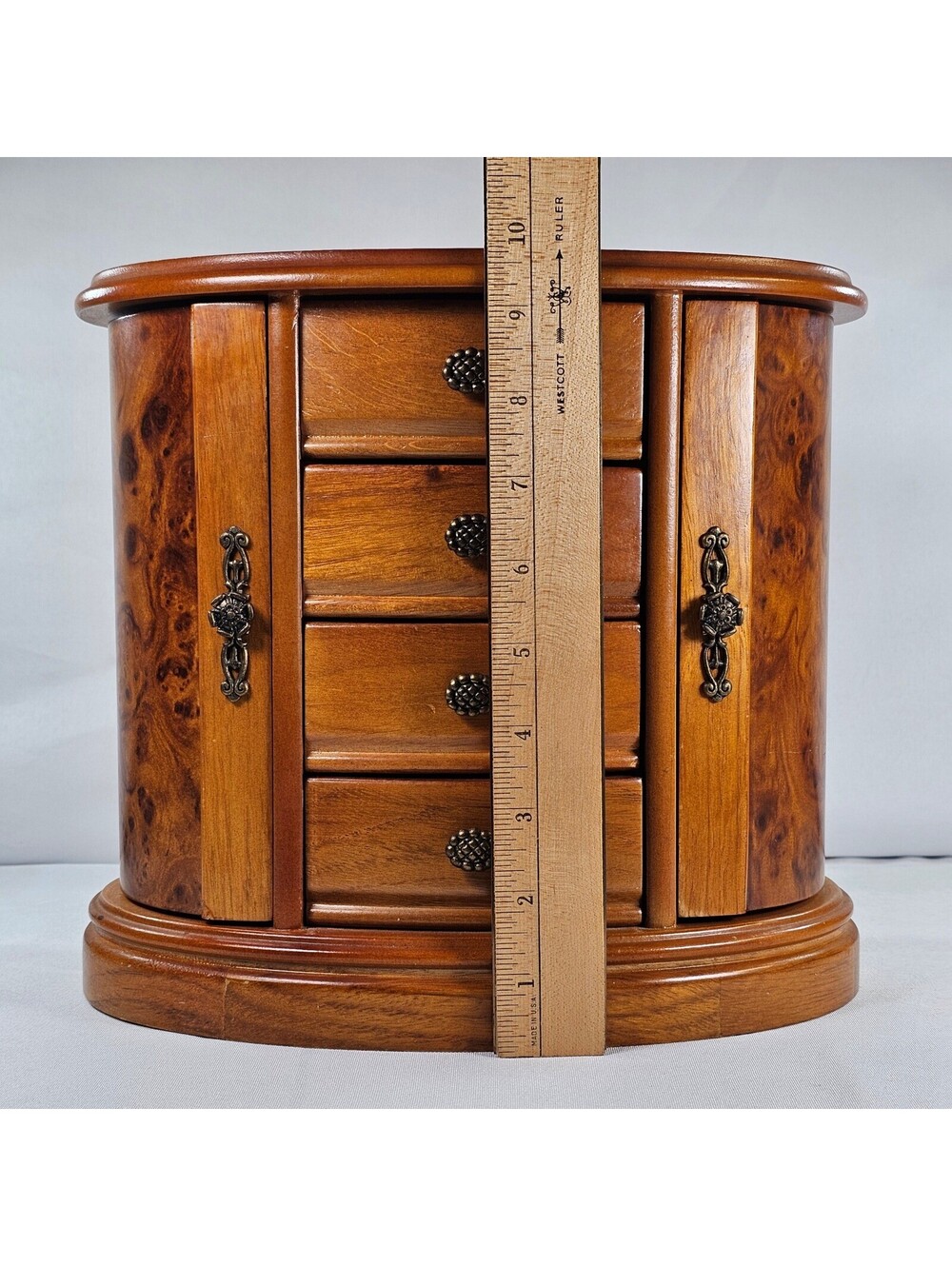 Vintage Wooden Jewelry Box Armoire Burl Wood Finish Tabletop Chest 4 Drawers - Picture 3 of 9